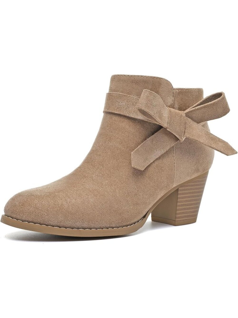 Women's Beige Side Zipper Bow Decor Round Toe Soft Comfort Casual Ankle & Bootie